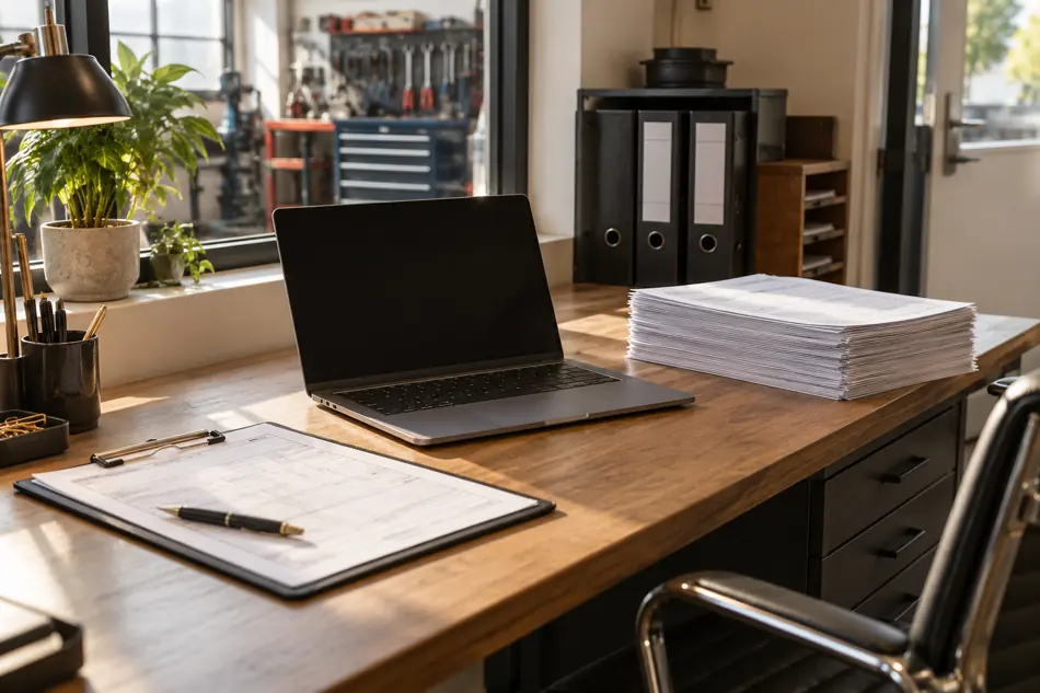 Laptop, Papierliste und ein Stapel Formulare auf einem Arbeitstisch