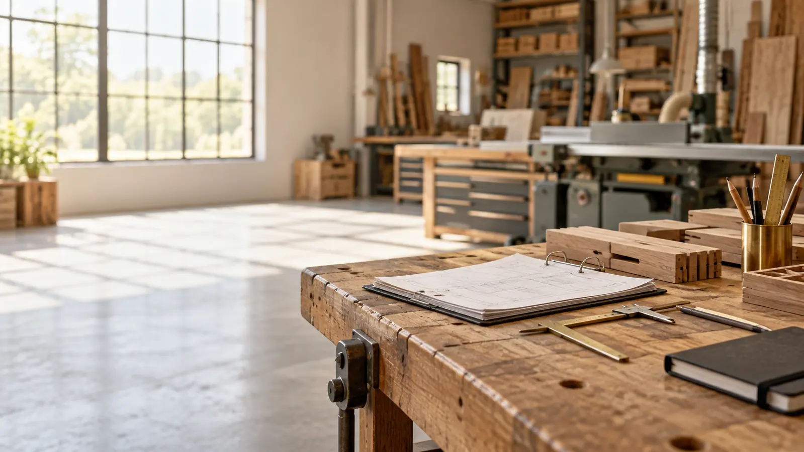 Leerer Arbeitsplatz in einer Werkstatt mit Auftragsunterlagen und Werkzeug