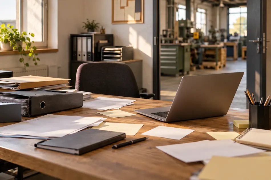 Notizen, Unterlagen und Laptop auf einem Arbeitsplatz zwischen Büro und Werkstatt